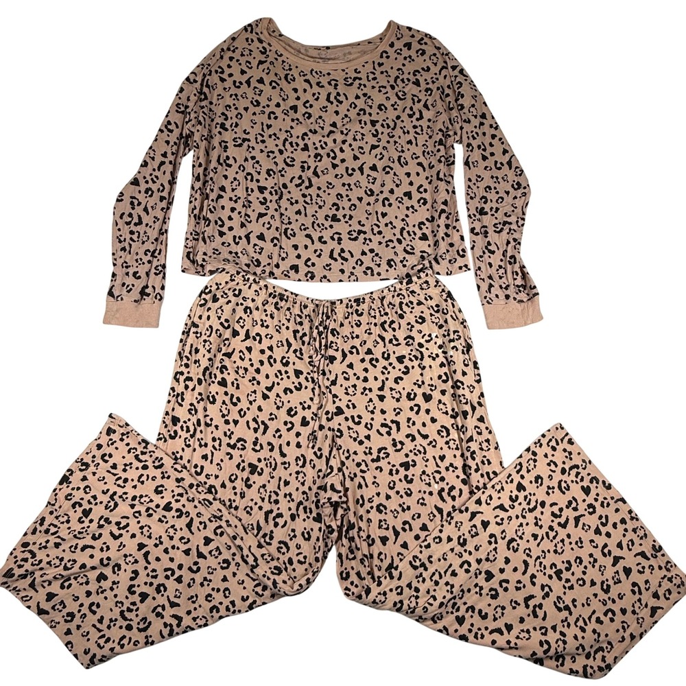 Heavenly by Victoria Secret Womens Leopard Heart Print Pajama Top Tan Large